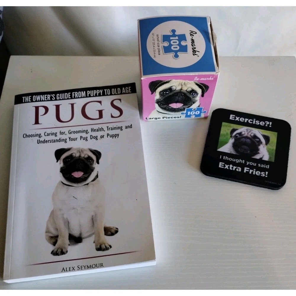 Lot Of 3 Pug Items... Book, Coaster, Puzzle